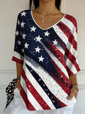 Ladies' Casual American Flag Print V-Neck Half Sleeved T-Shirt