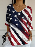 Ladies' Casual American Flag Print V-Neck Half Sleeved T-Shirt