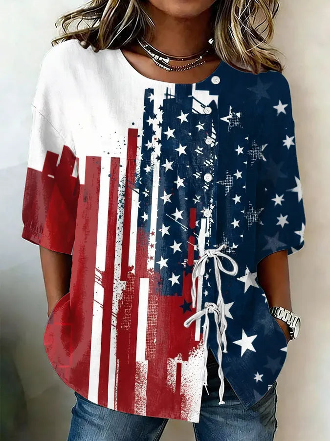 Women'S Cotton And Hemp Patriotic Independence Day Commemorative Printed Casual Shirt