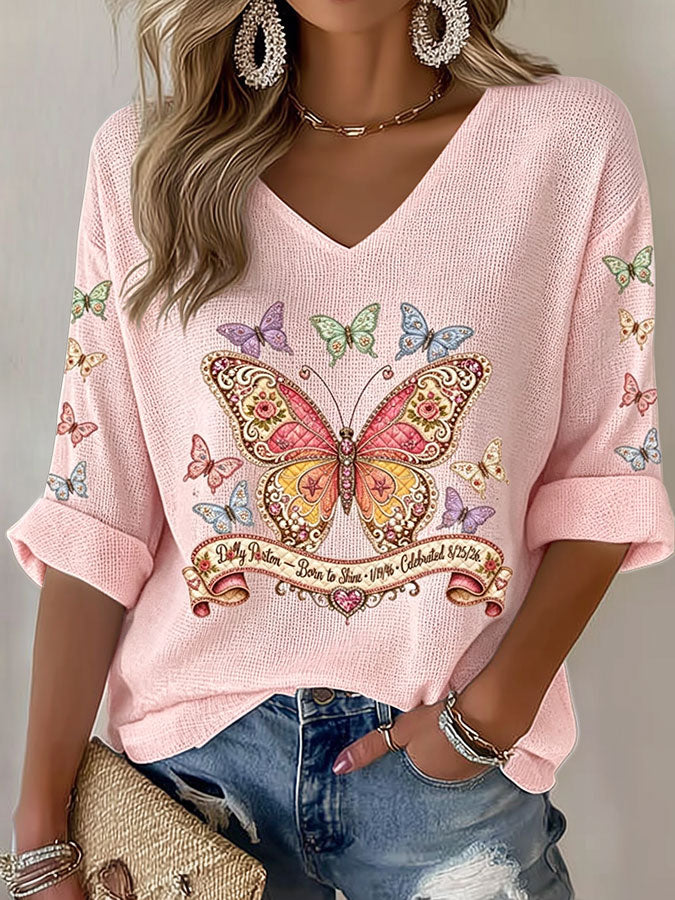 Women'S Commemorative Printed Waffle V-Neck Top