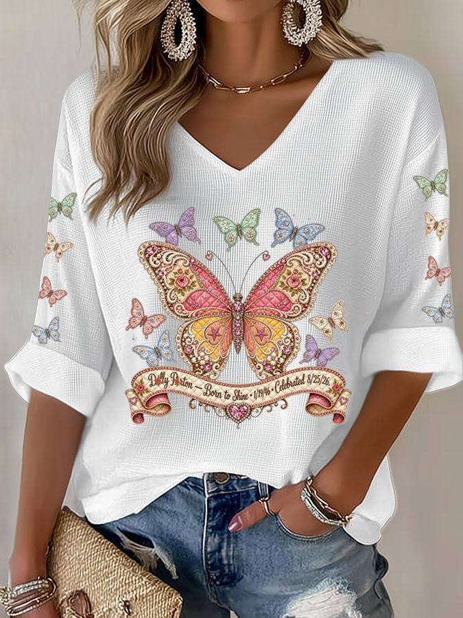Women'S Commemorative Printed Waffle V-Neck Top