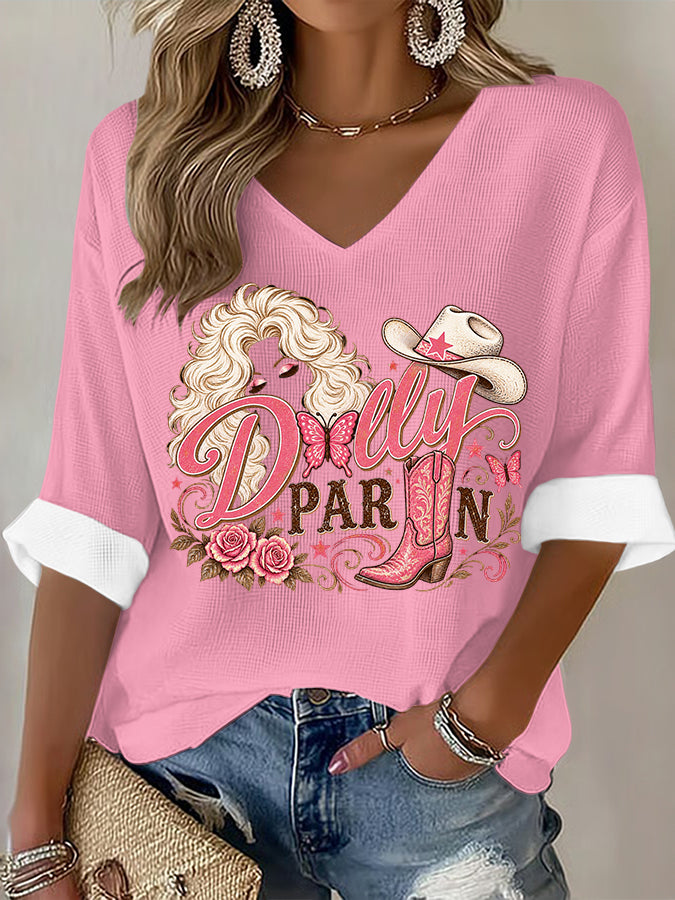 Women's commemorative pattern Waffle V-neck top