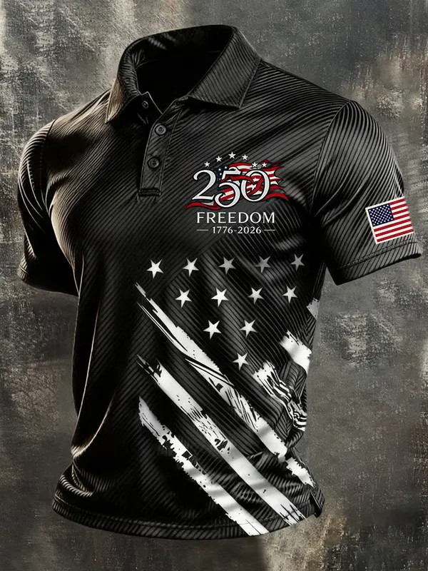 Men's America Flag Print Casual Polo Shirt
