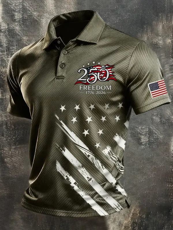 Men's America Flag Print Casual Polo Shirt