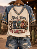 Women's She's From Texas I Can Tell Print Casual V-Neck Tee