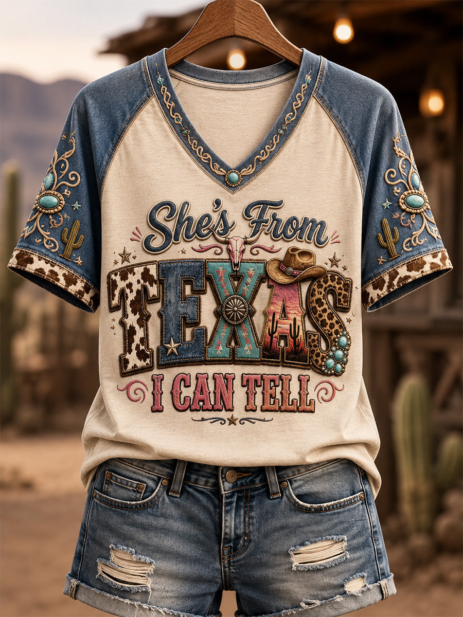 Women's She's From Texas I Can Tell Print Casual V-Neck Tee