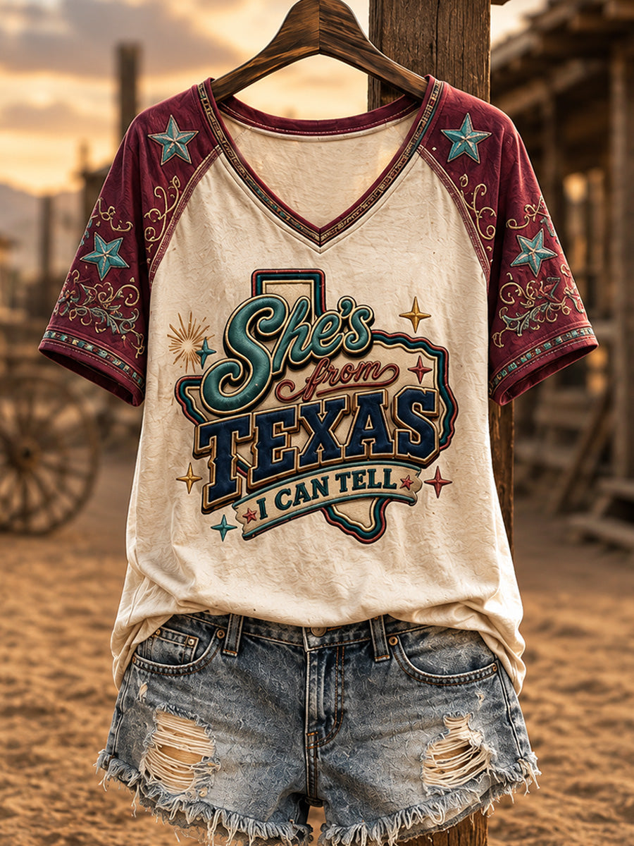 Women's She's From Texas I Can Tell Print Casual V-Neck Tee