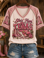 Women's She's From Texas I Can Tell Print Casual V-Neck Tee