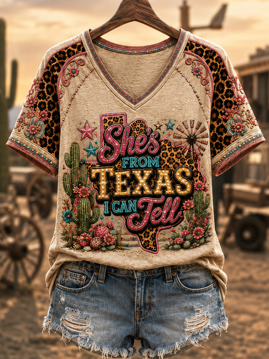 Women's She's From Texas I Can Tell Print Casual V-Neck Tee