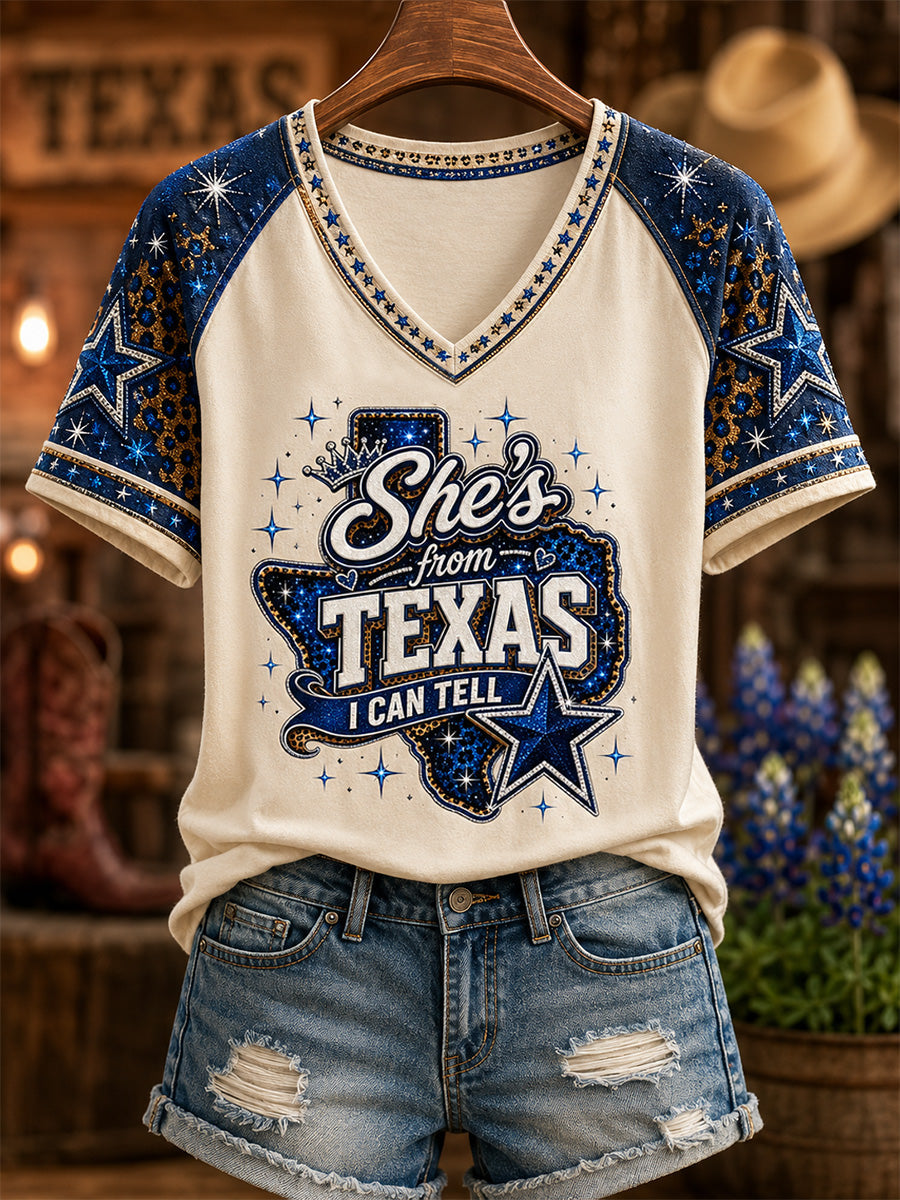 Women's She's From Texas I Can Tell Print Casual V-Neck Tee