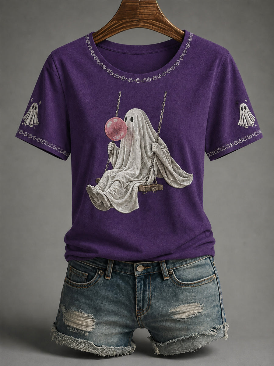 Women's Fall Season Halloween Ghost Print Casual Tee