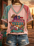 Women's She's From Texas I Can Tell Print Casual V-Neck Tee