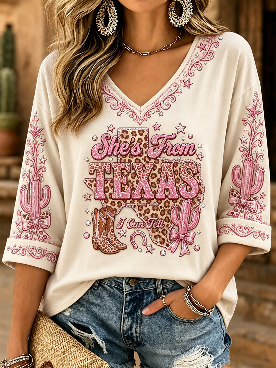Women's She's From Texas I Can Tell Print Casual V-Neck Tee