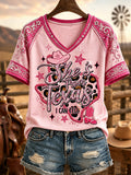 Women's She's From Texas I Can Tell Print Casual V-Neck Tee