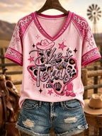 Women's She's From Texas I Can Tell Print Casual V-Neck Tee