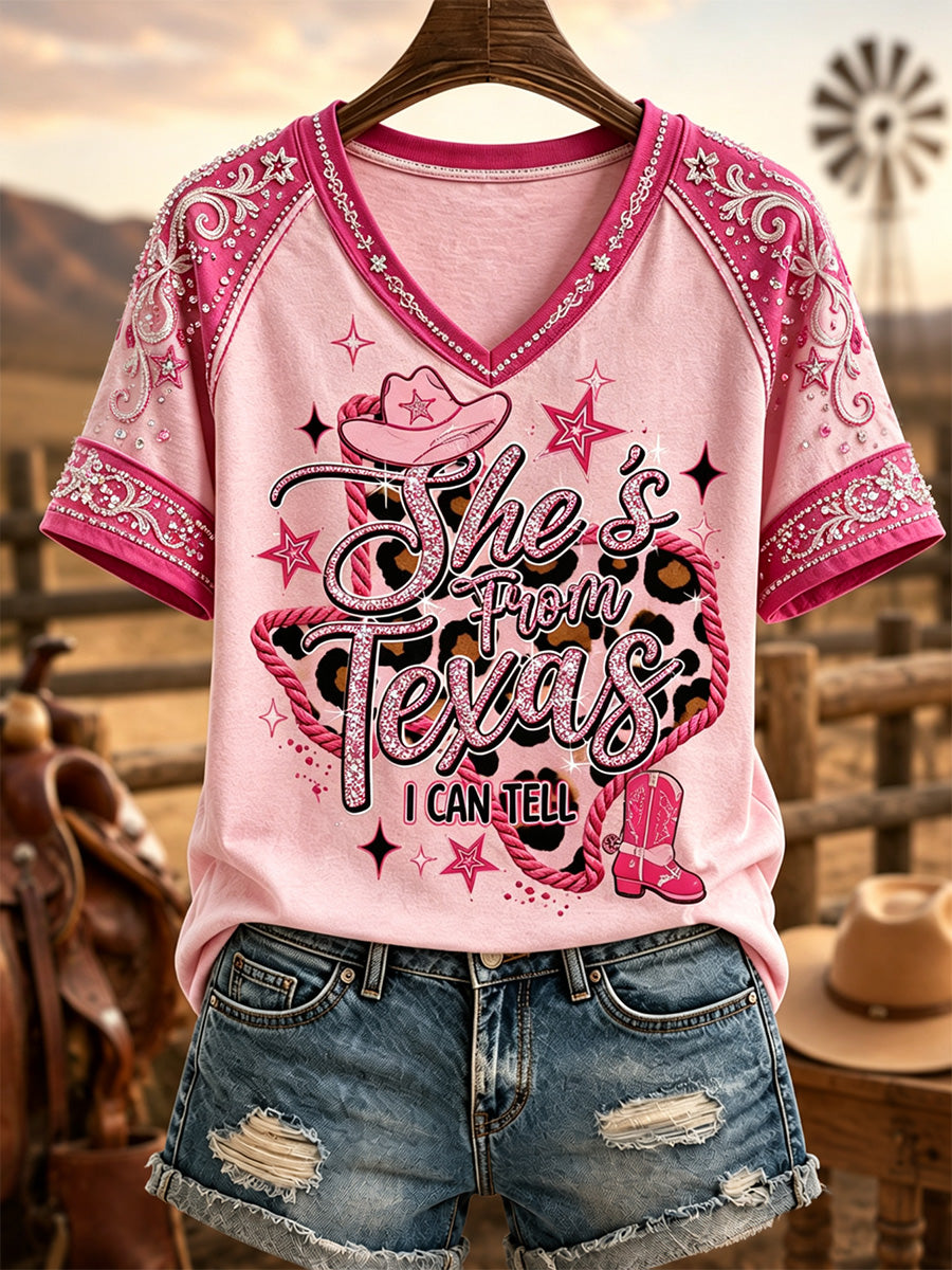 Women's She's From Texas I Can Tell Print Casual V-Neck Tee