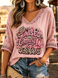 Women's Raised On Country & Chaos Print Casual V-Neck Tee