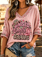 Women's Raised On Country & Chaos Print Casual V-Neck Tee