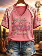 Women's She's From Texas I Can Tell Print Casual V-Neck Tee