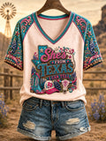 Women's She's From Texas I Can Tell Print Casual V-Neck Tee