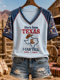 Women's She's From Texas I Can Tell Print Casual V-Neck Tee