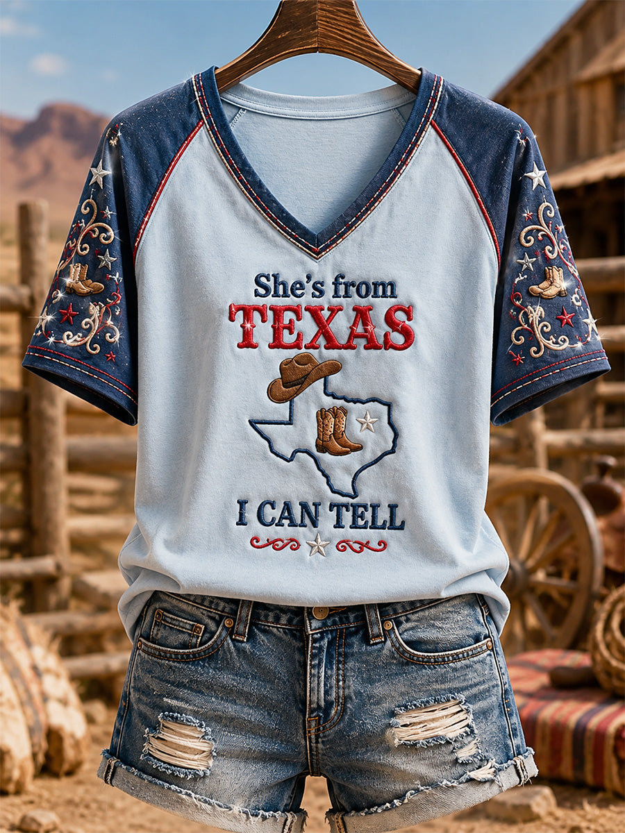 Women's She's From Texas I Can Tell Print Casual V-Neck Tee