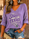 Women's She's From Texas I Can Tell Print Casual V-Neck Tee