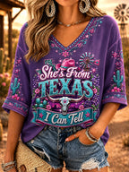 Women's She's From Texas I Can Tell Print Casual V-Neck Tee