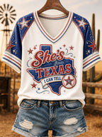 Women's She's From Texas I Can Tell Print Casual V-Neck Tee