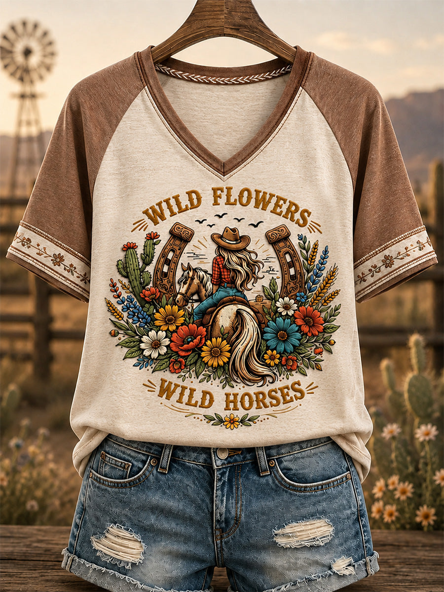 Women's Wildflowers & Wild Horses Print Casual V-Neck Tee