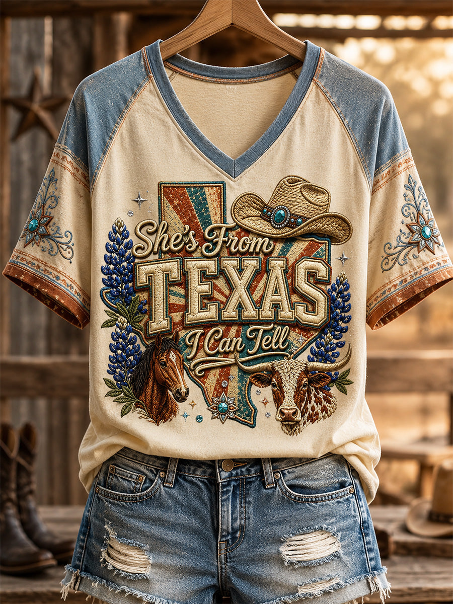 Women's She's From Texas I Can Tell Print Casual V-Neck Tee